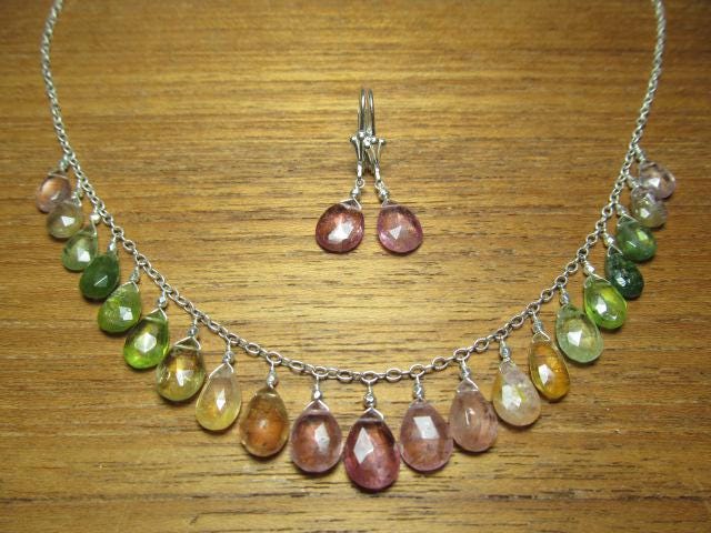 WATERMELON TOURMALINE faceted briolette beads Sterling Silver Necklace Set