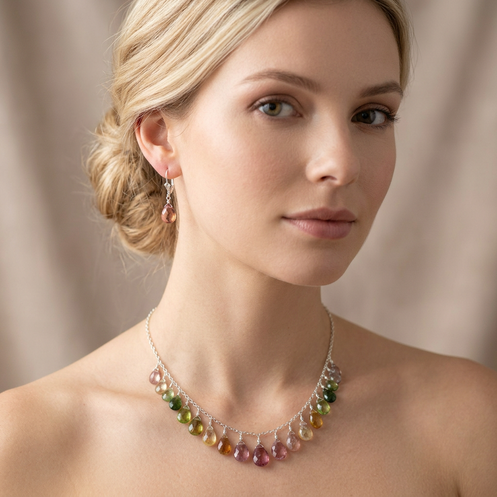 WATERMELON TOURMALINE faceted briolette beads Sterling Silver Necklace Set
