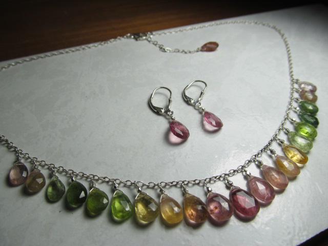 WATERMELON TOURMALINE faceted briolette beads Sterling Silver Necklace Set