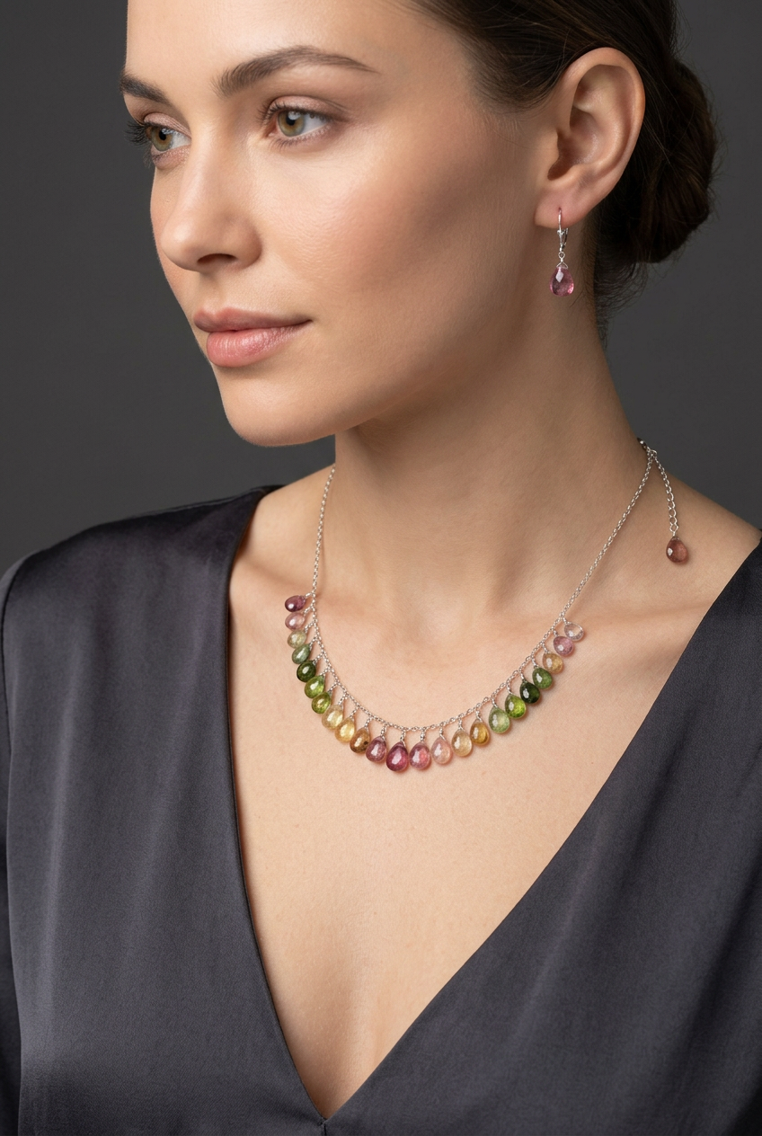 WATERMELON TOURMALINE faceted briolette beads Sterling Silver Necklace Set