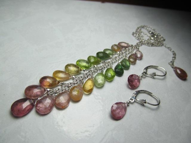 WATERMELON TOURMALINE faceted briolette beads Sterling Silver Necklace Set
