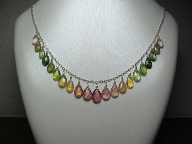 WATERMELON TOURMALINE faceted briolette beads Sterling Silver Necklace Set