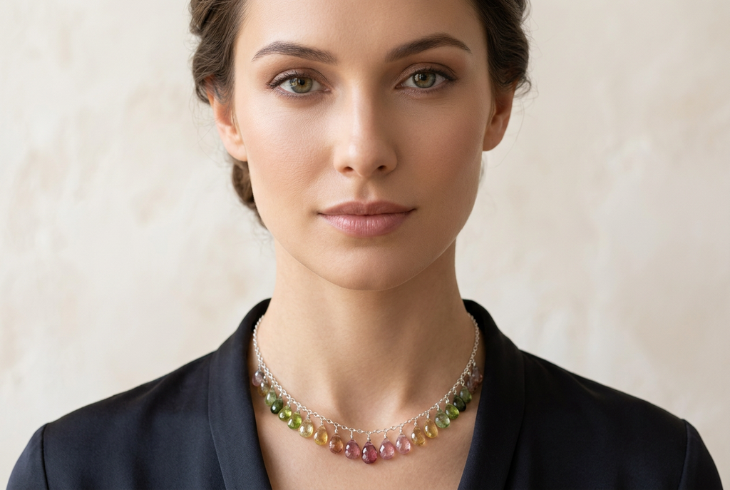 WATERMELON TOURMALINE faceted briolette beads Sterling Silver Necklace Set