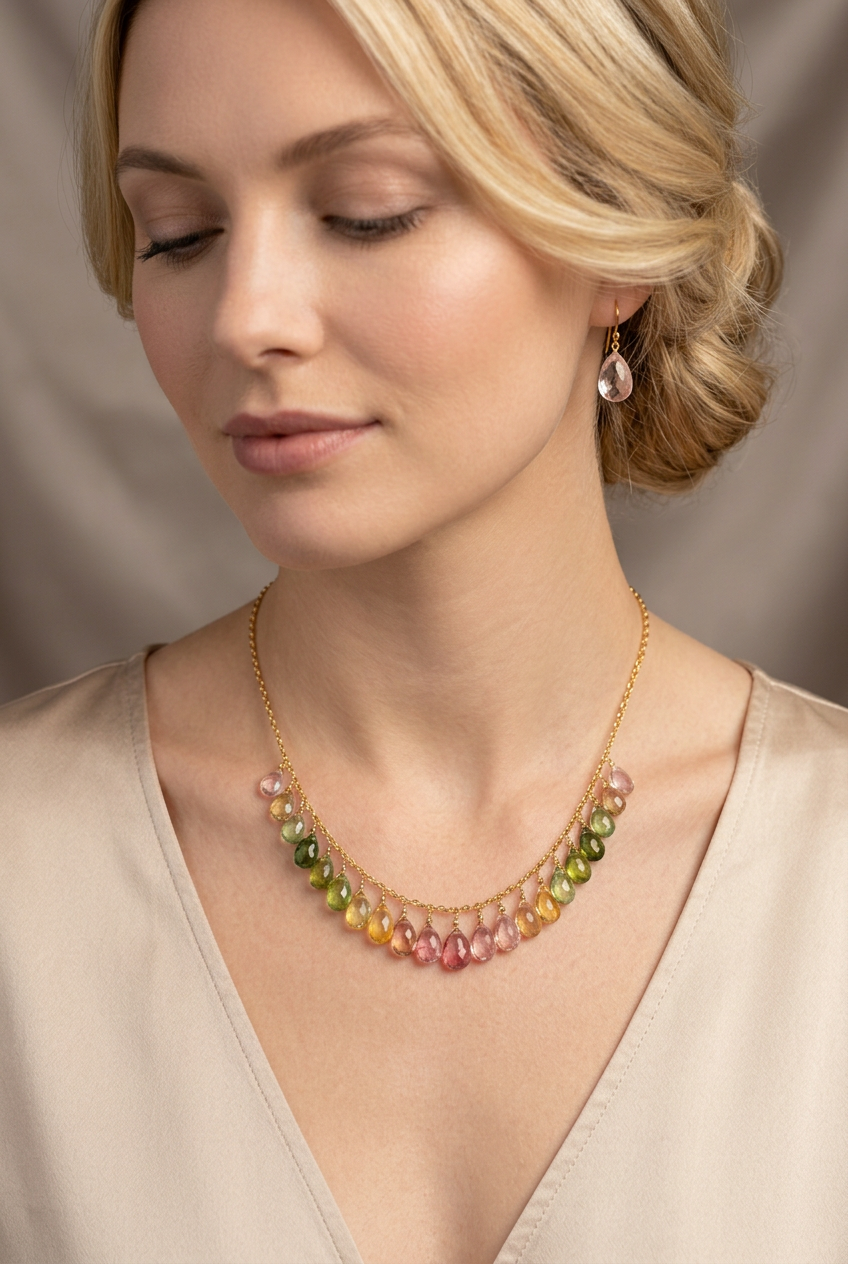 WATERMELON TOURMALINE faceted briolette beads Sterling Silver Necklace Set