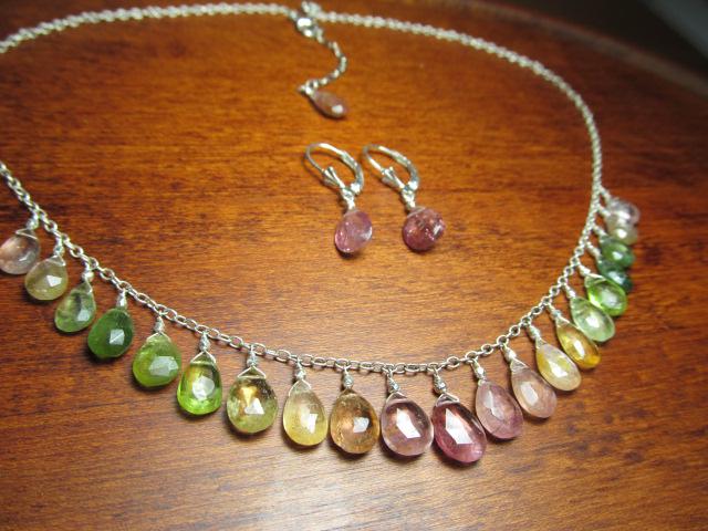 WATERMELON TOURMALINE faceted briolette beads Sterling Silver Necklace Set