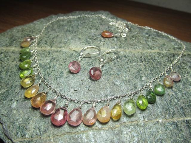 WATERMELON TOURMALINE faceted briolette beads Sterling Silver Necklace Set