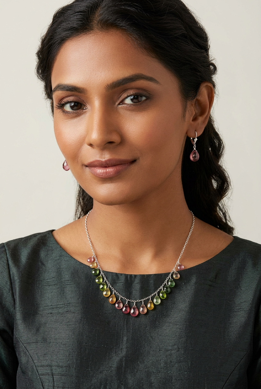 WATERMELON TOURMALINE faceted briolette beads Sterling Silver Necklace Set