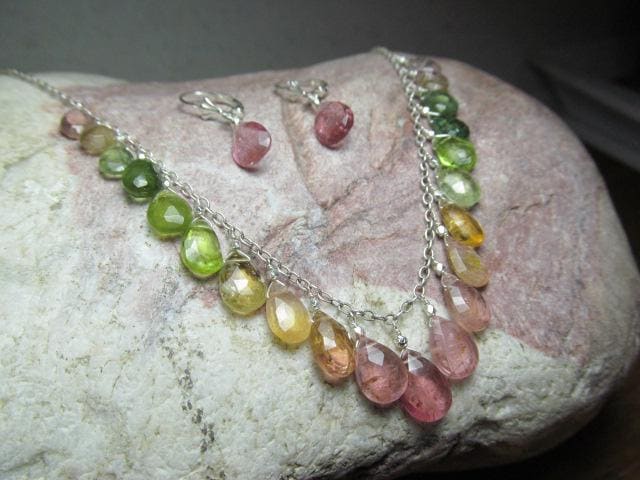 WATERMELON TOURMALINE faceted briolette beads Sterling Silver Necklace Set