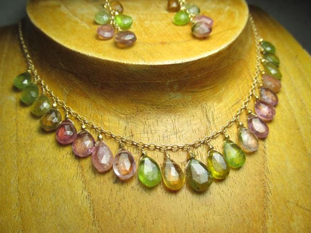 WATERMELON TOURMALINE faceted briolette beads 14k Gold Filled Necklace Set