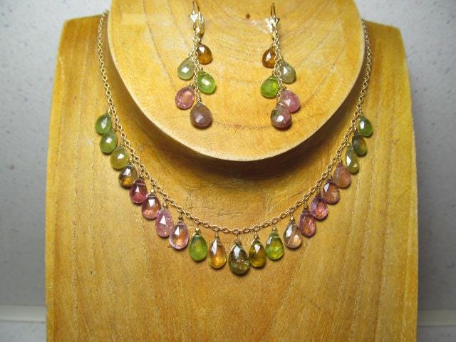 WATERMELON TOURMALINE faceted briolette beads 14k Gold Filled Necklace Set