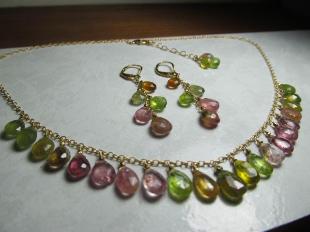 WATERMELON TOURMALINE faceted briolette beads 14k Gold Filled Necklace Set