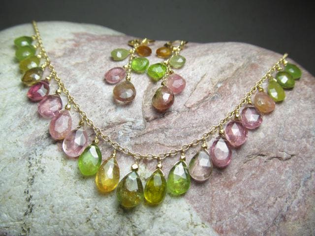 WATERMELON TOURMALINE faceted briolette beads 14k Gold Filled Necklace Set