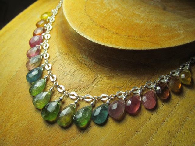 WATERMELON TOURMALINE faceted briolette beads Sterling Silver Necklace