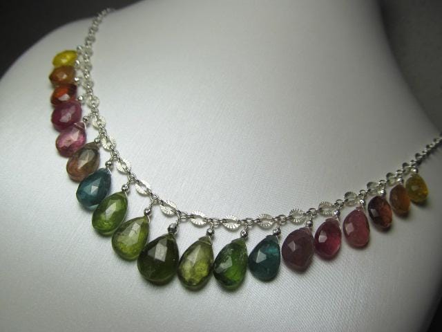 WATERMELON TOURMALINE faceted briolette beads Sterling Silver Necklace