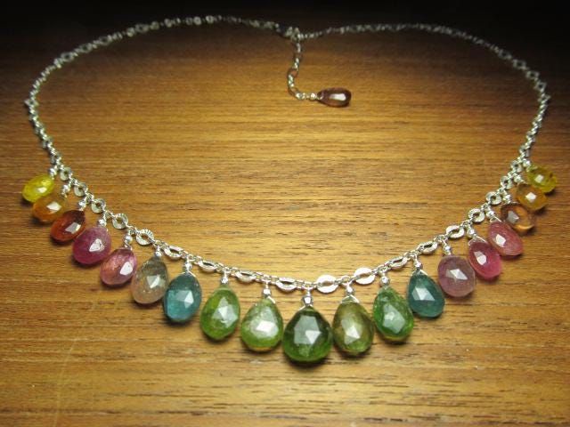 WATERMELON TOURMALINE faceted briolette beads Sterling Silver Necklace