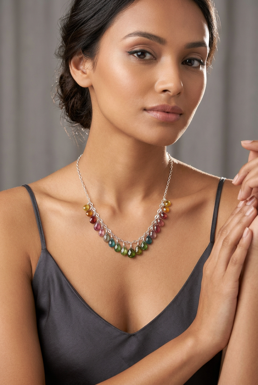 WATERMELON TOURMALINE faceted briolette beads Sterling Silver Necklace