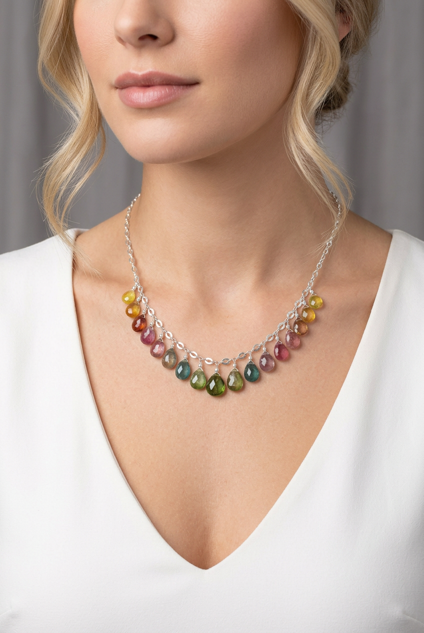 WATERMELON TOURMALINE faceted briolette beads Sterling Silver Necklace
