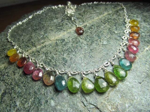 WATERMELON TOURMALINE faceted briolette beads Sterling Silver Necklace