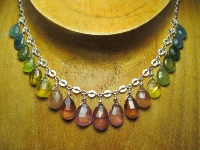 WATERMELON TOURMALINE faceted briolette beads Sterling Silver Necklace