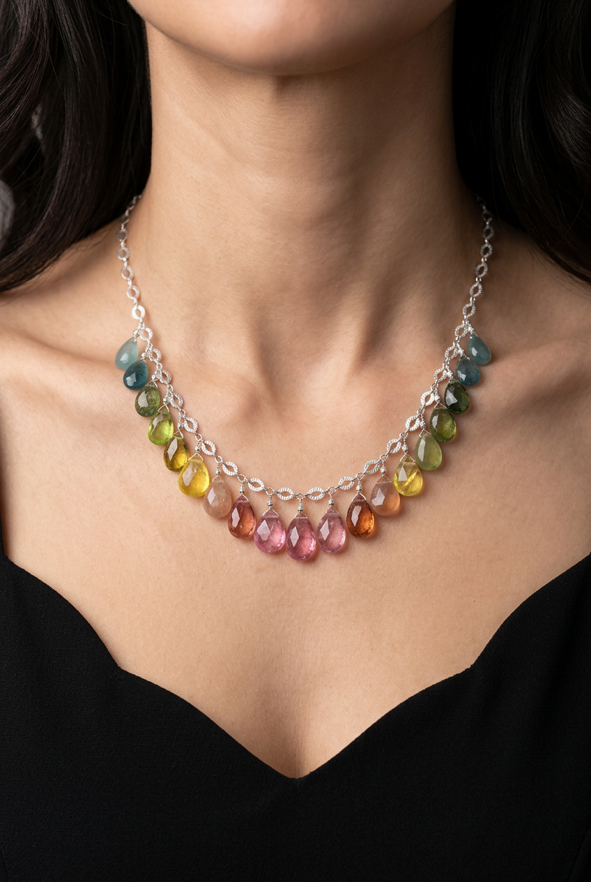 WATERMELON TOURMALINE faceted briolette beads Sterling Silver Necklace