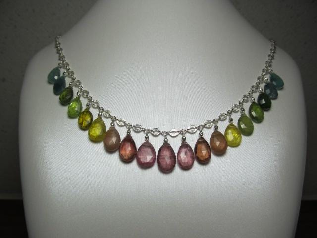WATERMELON TOURMALINE faceted briolette beads Sterling Silver Necklace