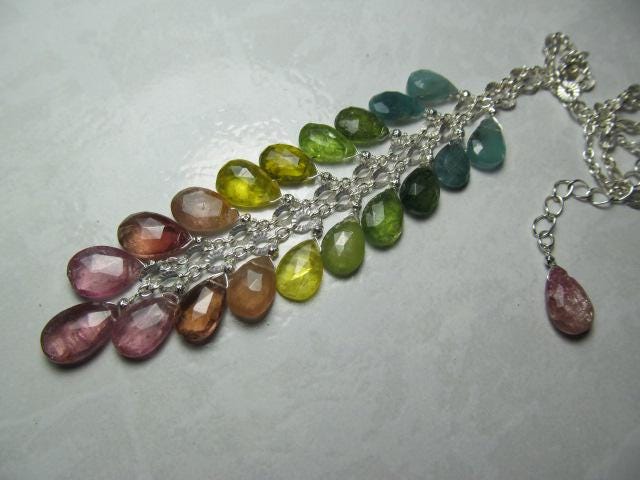 WATERMELON TOURMALINE faceted briolette beads Sterling Silver Necklace