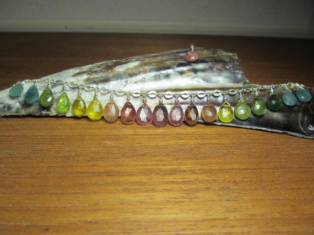 WATERMELON TOURMALINE faceted briolette beads Sterling Silver Necklace