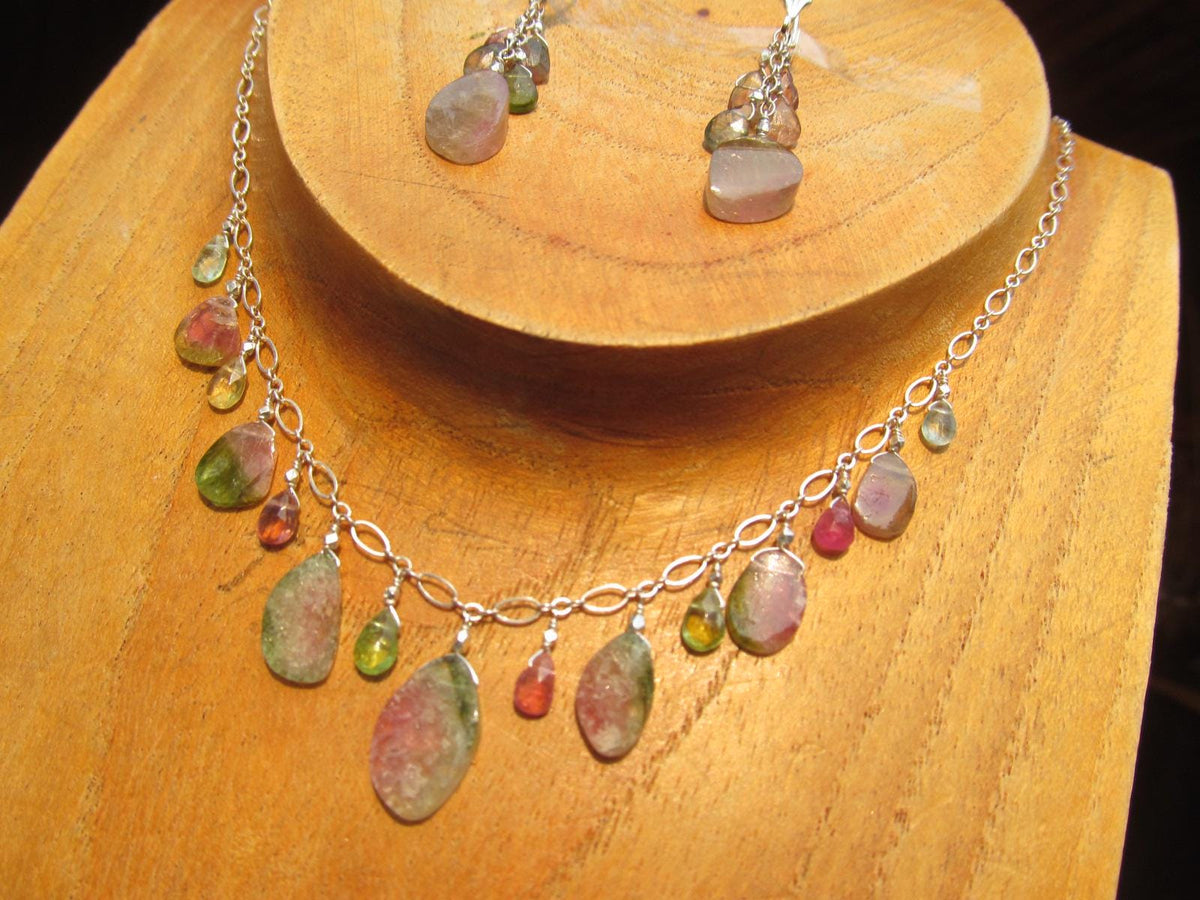 WATERMELON TOURMALINE SLICES w/ faceted briolette beads Sterling Silver Necklace Set