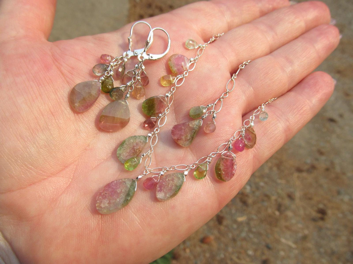 WATERMELON TOURMALINE SLICES w/ faceted briolette beads Sterling Silver Necklace Set