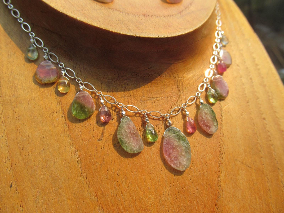 WATERMELON TOURMALINE SLICES w/ faceted briolette beads Sterling Silver Necklace Set