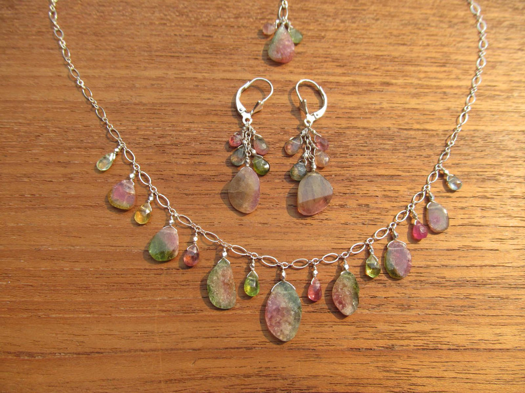 WATERMELON TOURMALINE SLICES w/ faceted briolette beads Sterling Silver Necklace Set