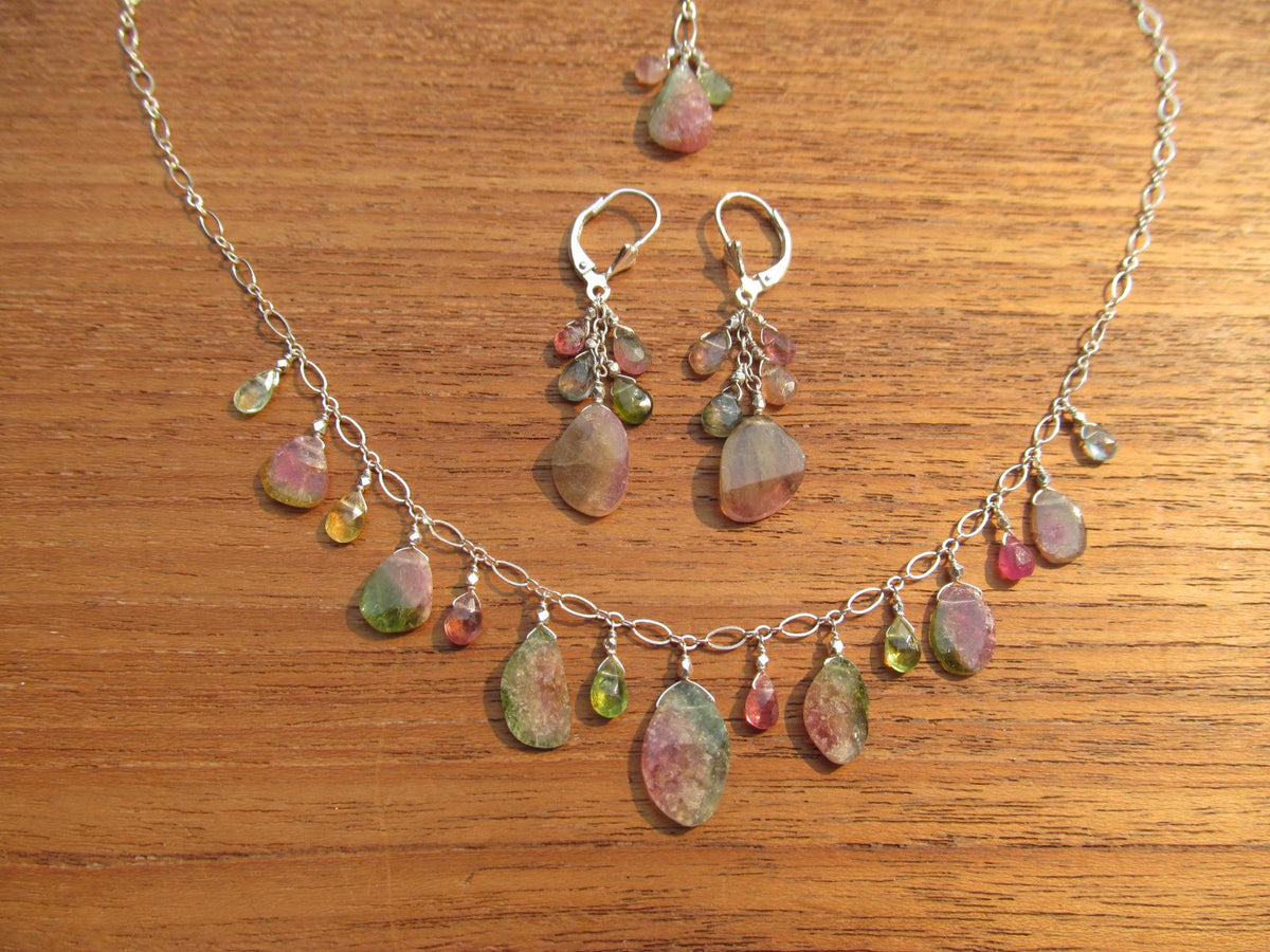WATERMELON TOURMALINE SLICES w/ faceted briolette beads Sterling Silver Necklace Set