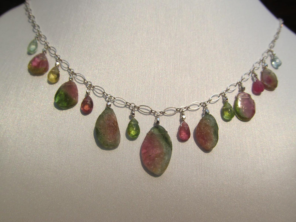 WATERMELON TOURMALINE SLICES w/ faceted briolette beads Sterling Silver Necklace Set