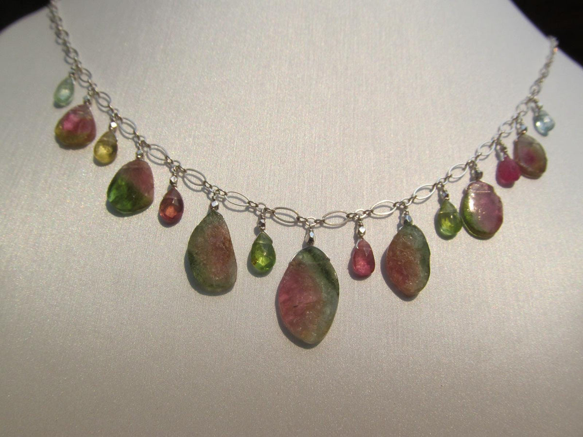 WATERMELON TOURMALINE SLICES w/ faceted briolette beads Sterling Silver Necklace Set