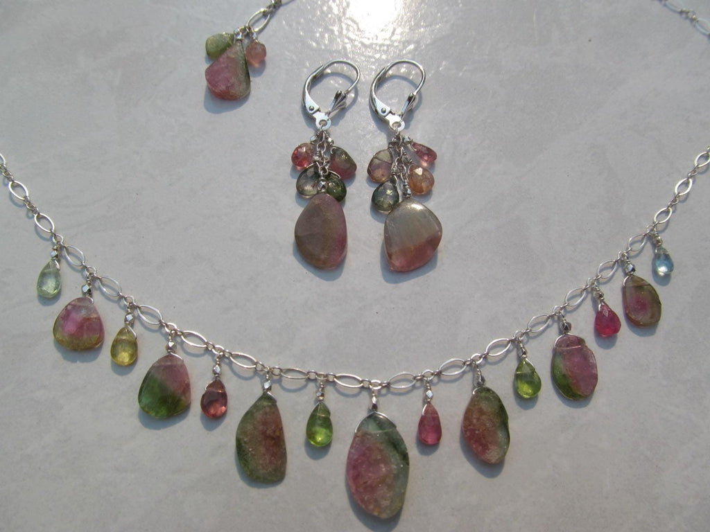WATERMELON TOURMALINE SLICES w/ faceted briolette beads Sterling Silver Necklace Set