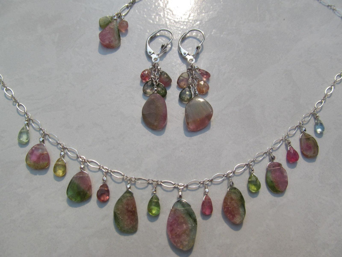 WATERMELON TOURMALINE SLICES w/ faceted briolette beads Sterling Silver Necklace Set
