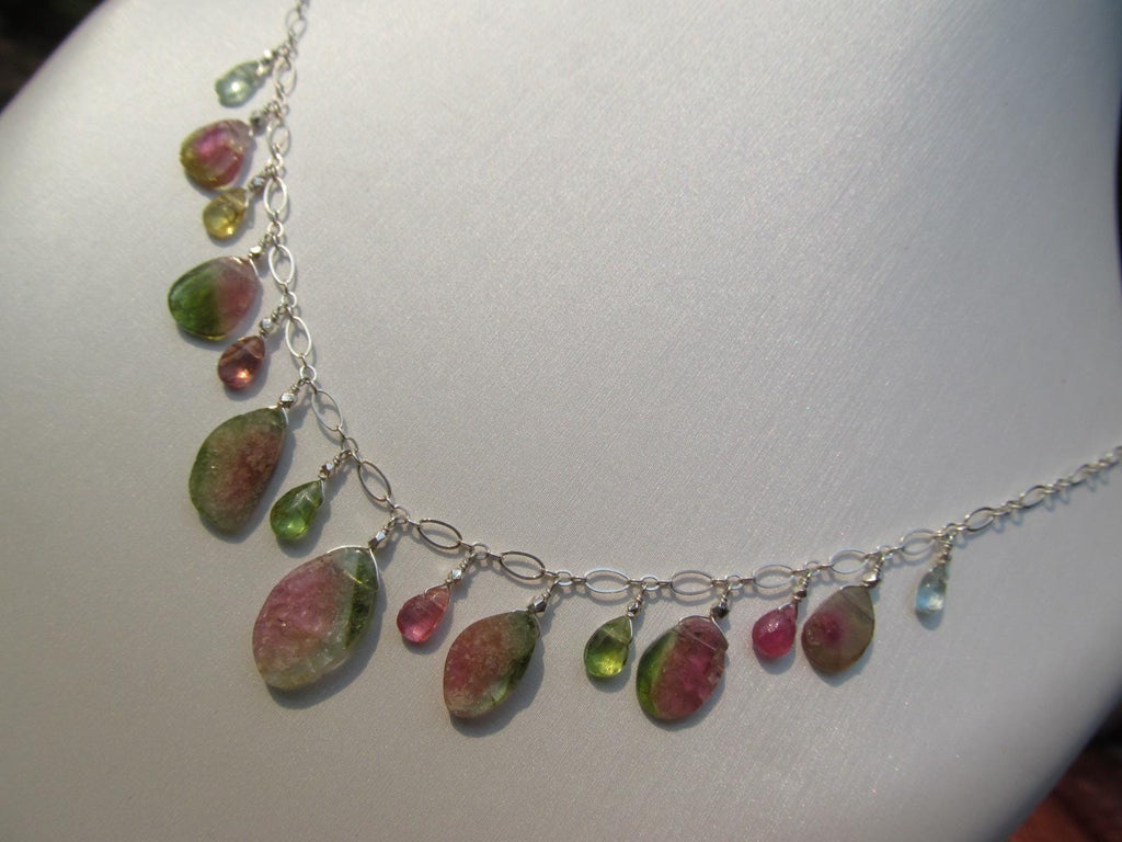WATERMELON TOURMALINE SLICES w/ faceted briolette beads Sterling Silver Necklace Set