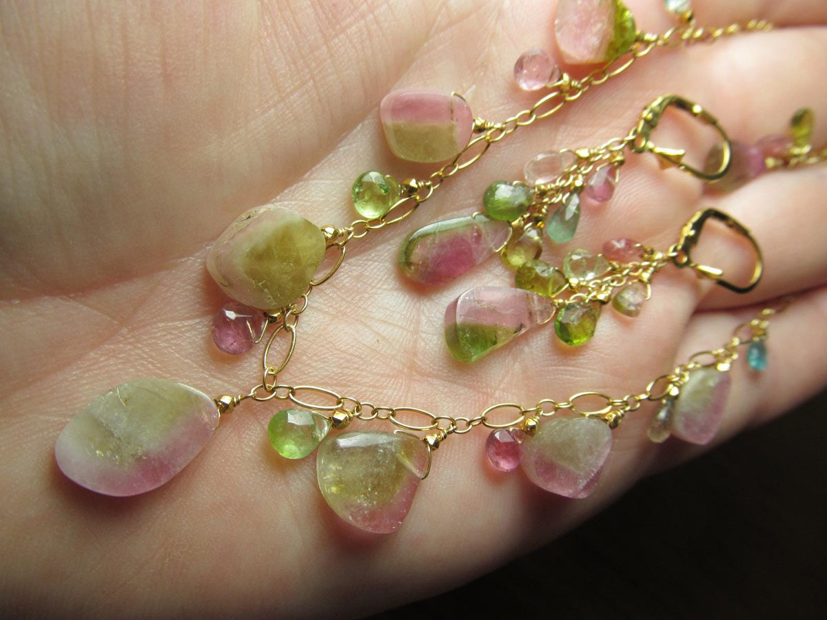 WATERMELON TOURMALINE SLICES w/ faceted briolette beads 14k Gold Filled Necklace Set