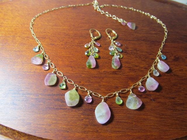 WATERMELON TOURMALINE SLICES w/ faceted briolette beads 14k Gold Filled Necklace Set