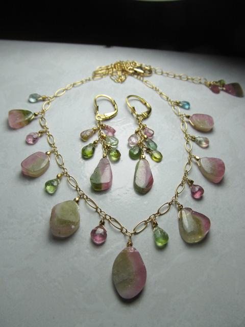 WATERMELON TOURMALINE SLICES w/ faceted briolette beads 14k Gold Filled Necklace Set