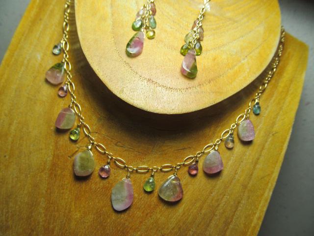 WATERMELON TOURMALINE SLICES w/ faceted briolette beads 14k Gold Filled Necklace Set