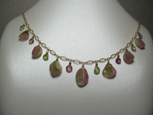 WATERMELON TOURMALINE SLICES w/ faceted briolette beads 14k Gold Filled Necklace Set