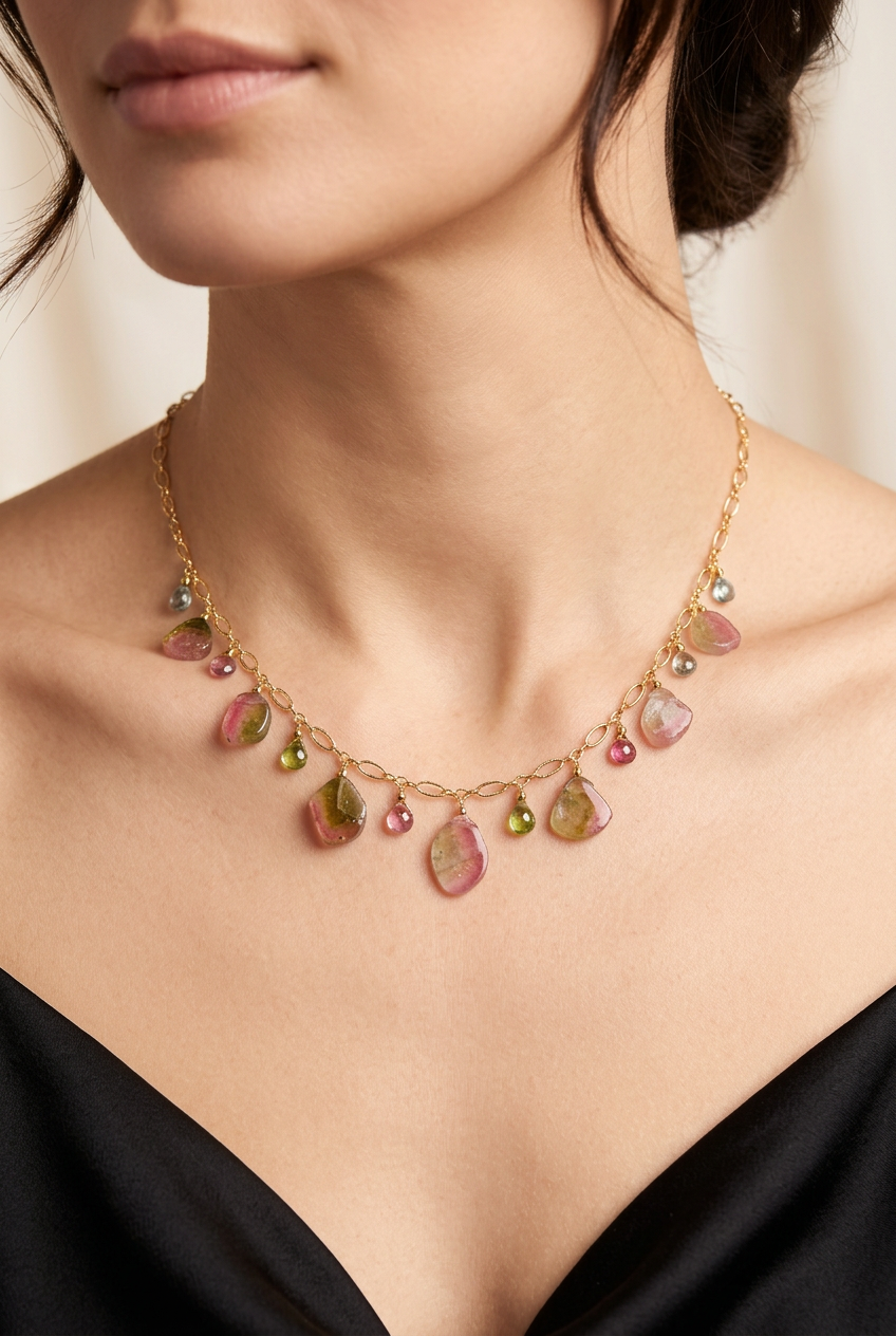WATERMELON TOURMALINE SLICES w/ faceted briolette beads 14k Gold Filled Necklace Set