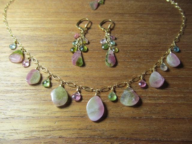 WATERMELON TOURMALINE SLICES w/ faceted briolette beads 14k Gold Filled Necklace Set