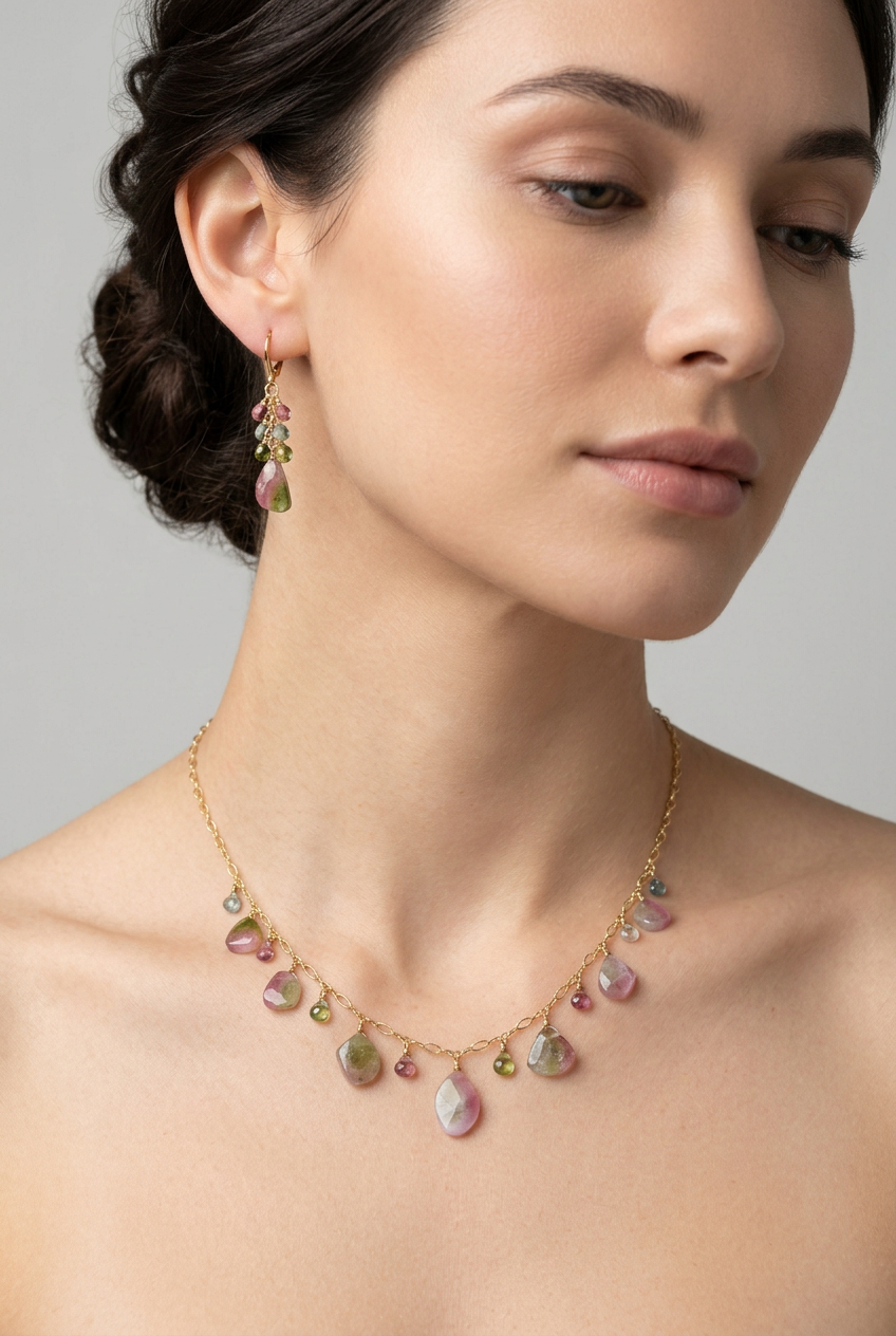 WATERMELON TOURMALINE SLICES w/ faceted briolette beads 14k Gold Filled Necklace Set