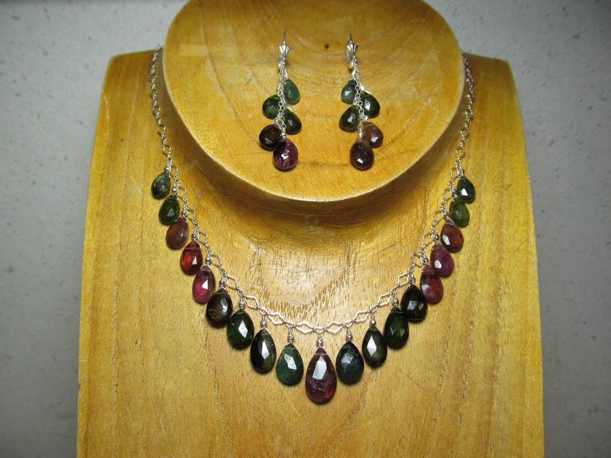 WATERMELON TOURMALINE dark tones faceted briolette beads Sterling Silver Necklace Set