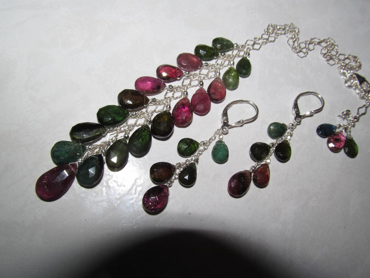 WATERMELON TOURMALINE dark tones faceted briolette beads Sterling Silver Necklace Set