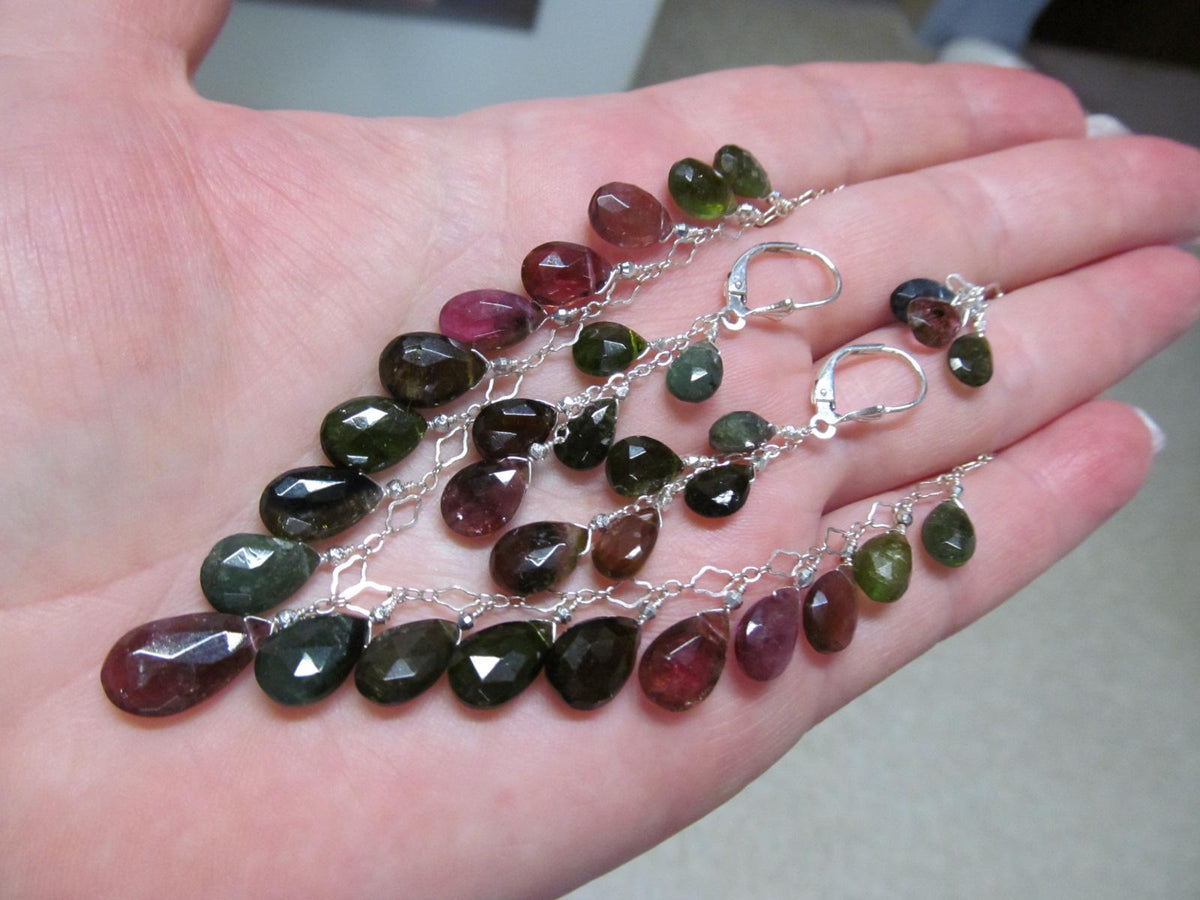 WATERMELON TOURMALINE dark tones faceted briolette beads Sterling Silver Necklace Set