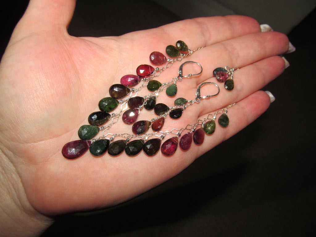 WATERMELON TOURMALINE dark tones faceted briolette beads Sterling Silver Necklace Set