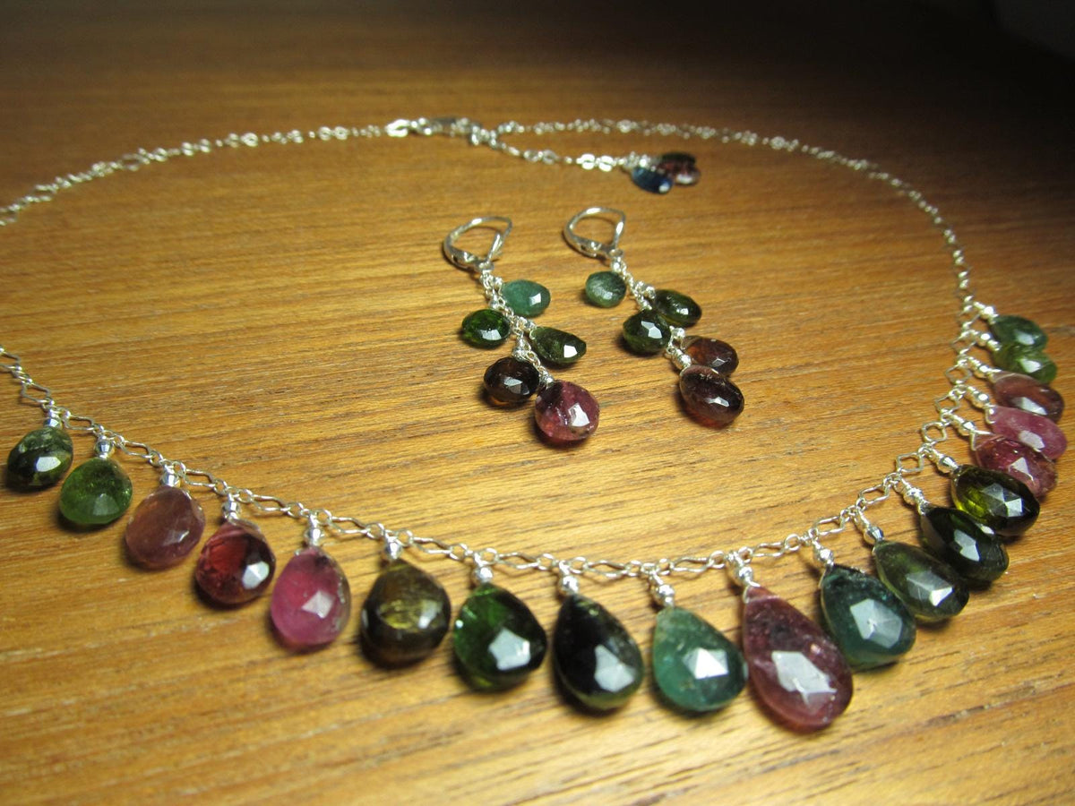 WATERMELON TOURMALINE dark tones faceted briolette beads Sterling Silver Necklace Set